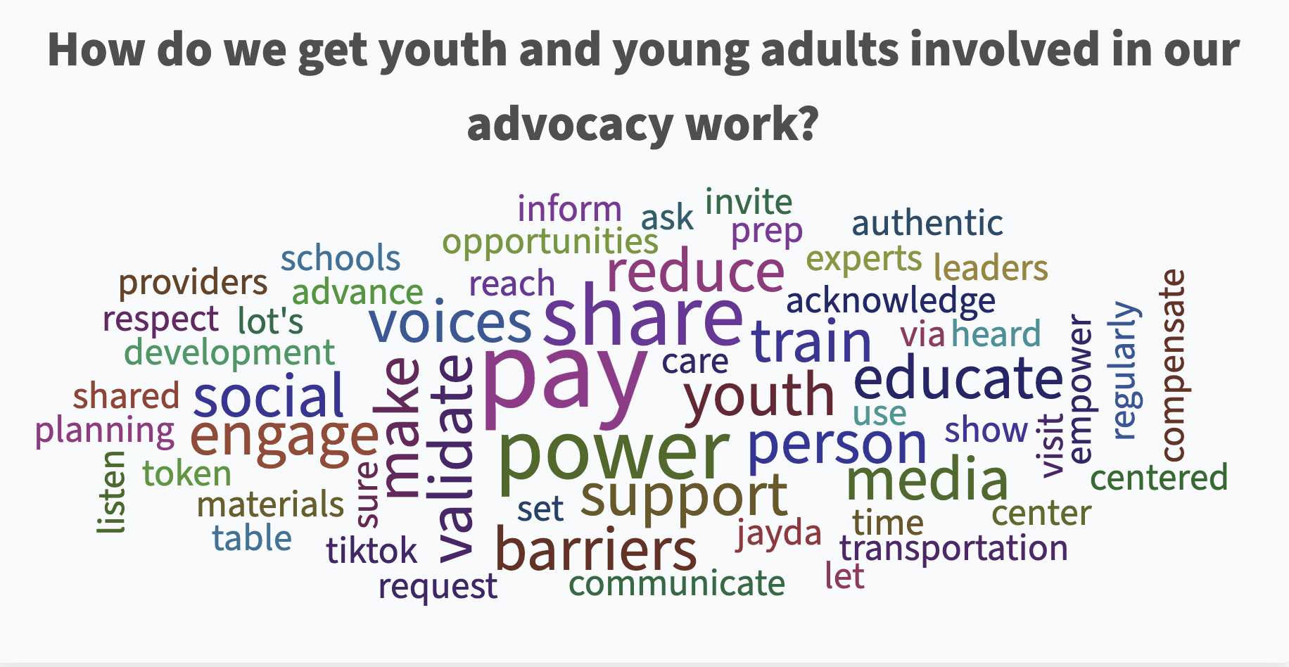A wordle that asks the question: How do we get Youth and Young Adults involved in our Advocacy work? The wordle contains words like: Pay, Share, Train, Engage, Respect, Validate, Power, Plan